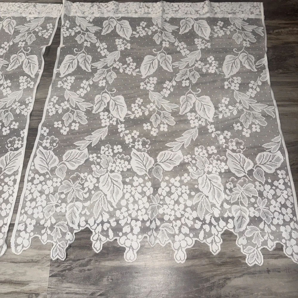Vintage Set Of 2 Lace White Curtain Valance 29X36 In Ea Floral Cottage Country
